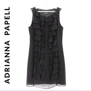 ADRIANNA PAPELL BLACK TIERED SHEER  RUFFLED SLEEVELESS ORGANZA DRESS SIZE 10